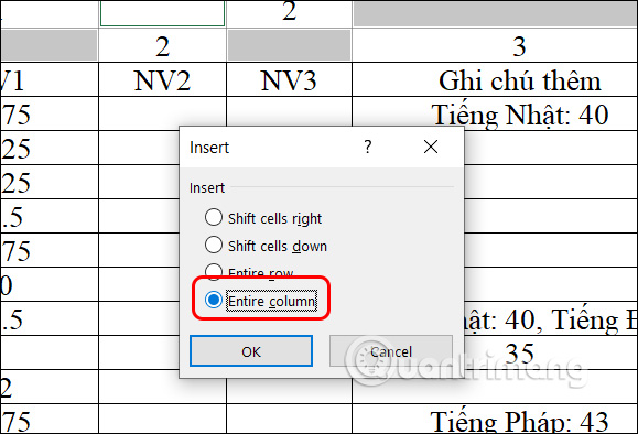 Chèn cột trong bảng Excel