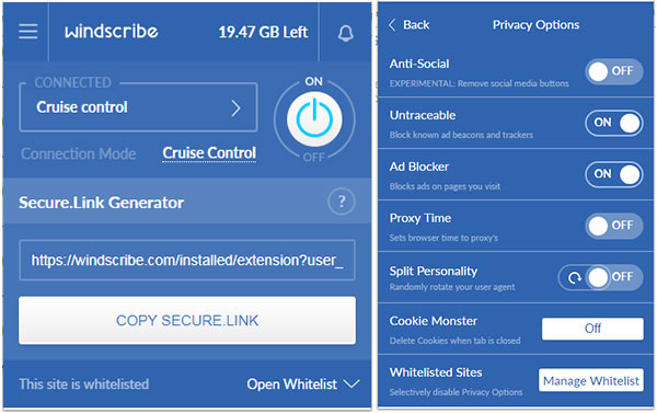 Một số tính năng của Windscribe