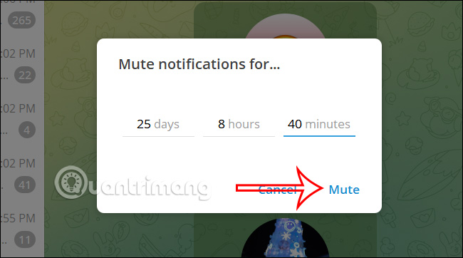 Chọn thời gian tắt thông báo Telegram PC