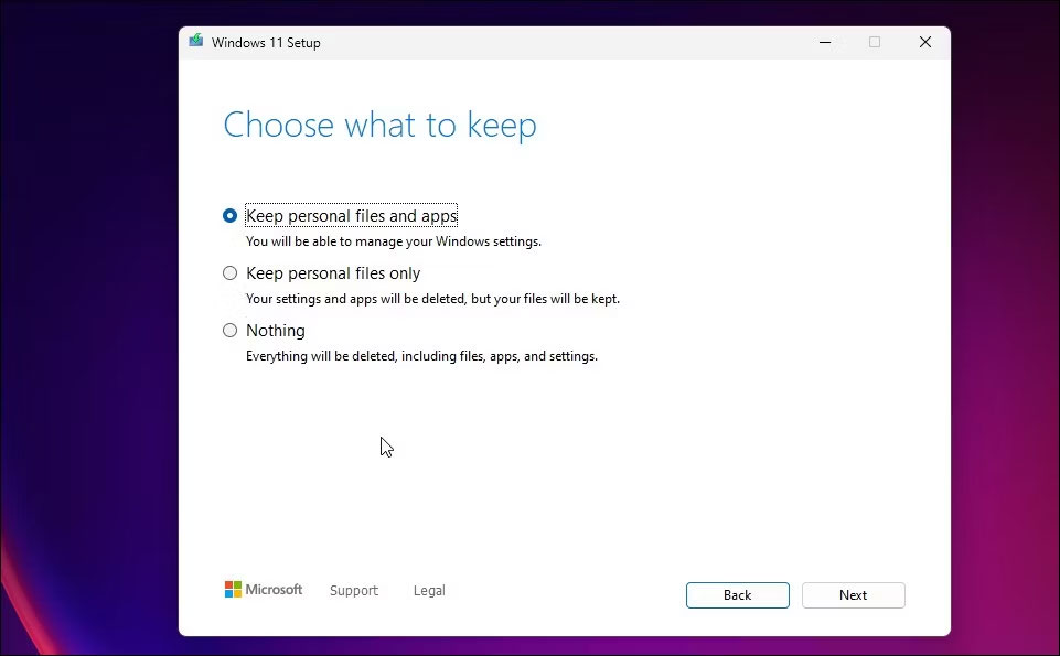 Thiết lập Windows 11 chọn những gì để cài đặt