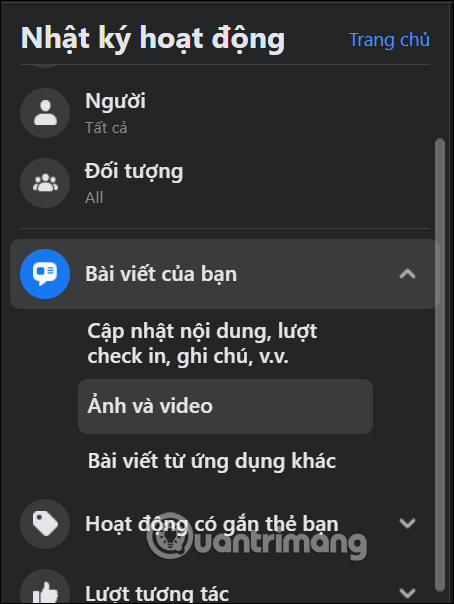 Nhật ký hoạt động tìm bài đăng cũ trên Facebook