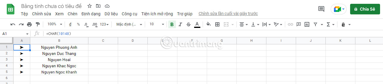 Chèn mũi tên vào Google Sheets bằng CHAR