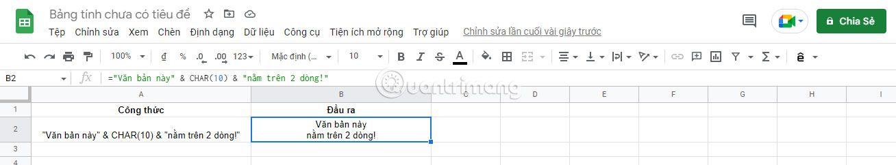 Thêm ngắt dòng trong Google Sheets bằng hàm CHAR
