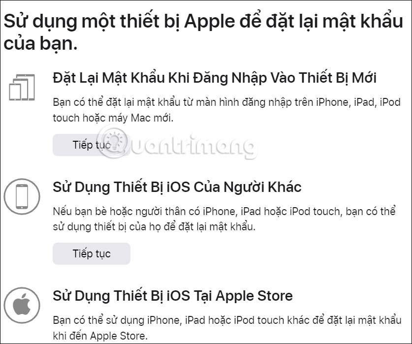 Chọn cách thức lấy lại mật khẩu Apple ID