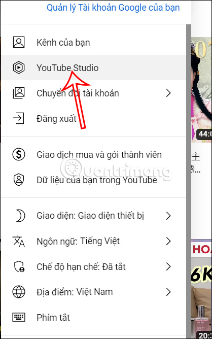 Chọn truy cập YouTube Studio