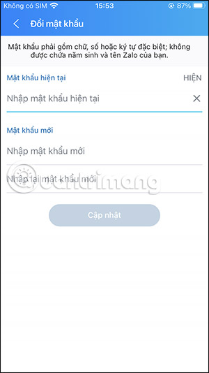 Giao diện điền mật khẩu Zalo