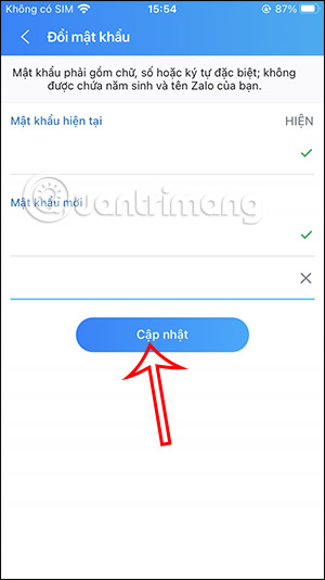 Cập nhật mật khẩu Zalo