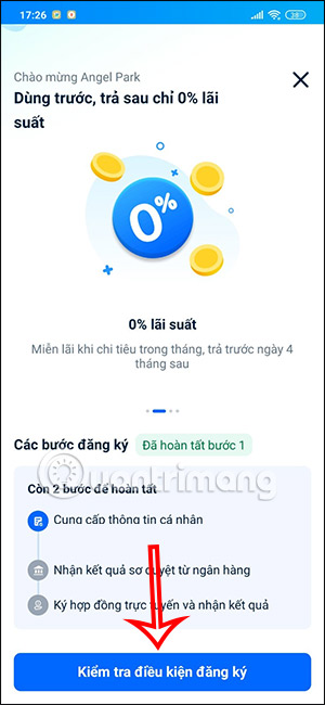 Kiểm tra điều kiện đăng ký mở Tài khoản trả sau ZaloPay