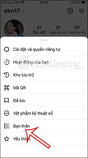 Danh sách bạn thân Instagram
