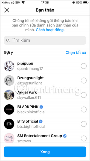 Chọn tài khoản bạn thân Instagram