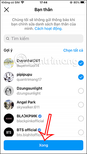Danh sách bạn thân Instagram