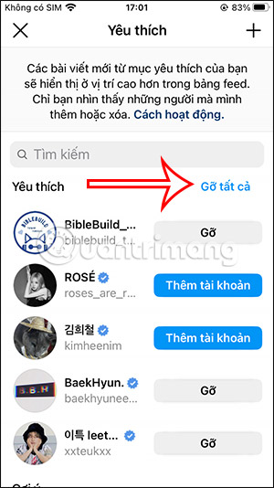 Gỡ tất cả tài khoản Instagram yêu thích