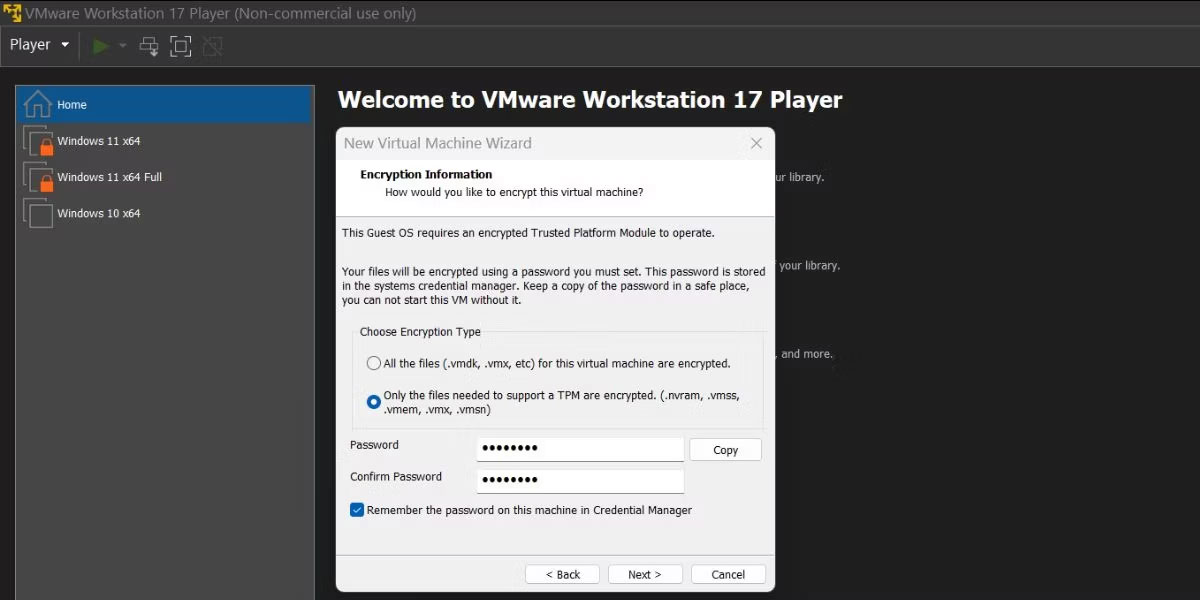 Kích hoạt mã hóa trong máy ảo Windows 11 trong VMware Workstation 17 Player