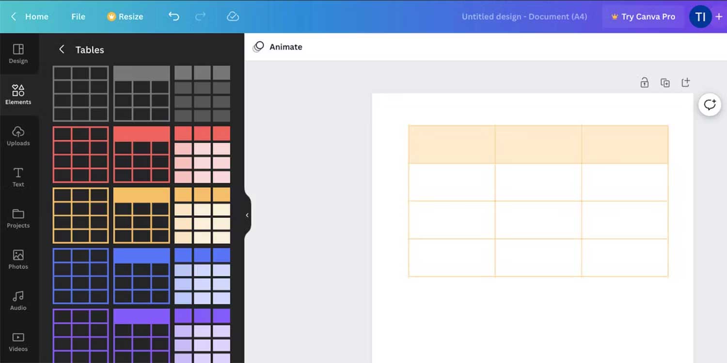 Tables in Canva