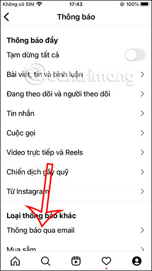 Thông báo qua email Instagram