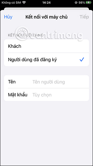 Điền thông tin máy chủ kết nối