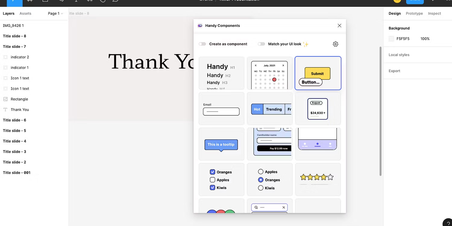 Plugin Figma Handy Components đang được sử dụng.