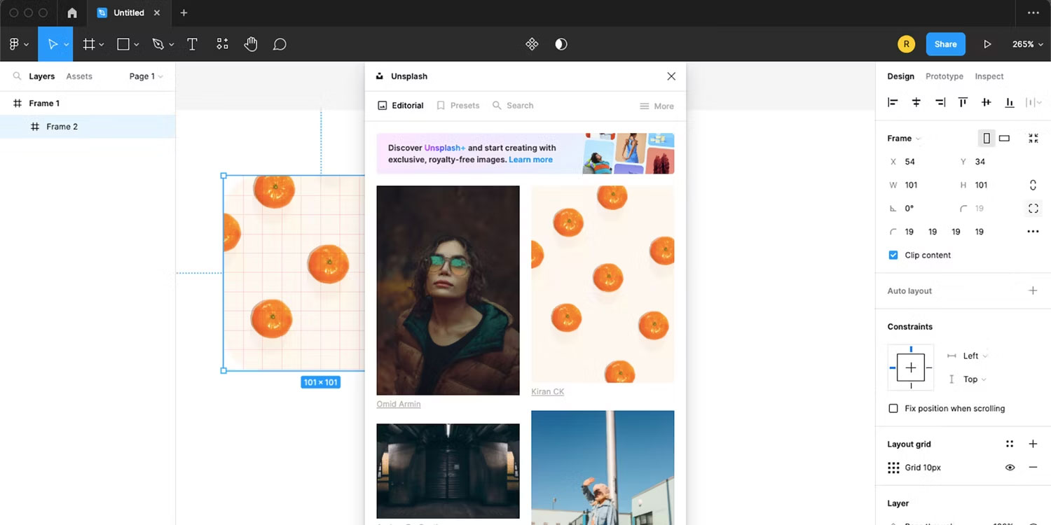 Plugin Figma Unsplash đang được sử dụng.