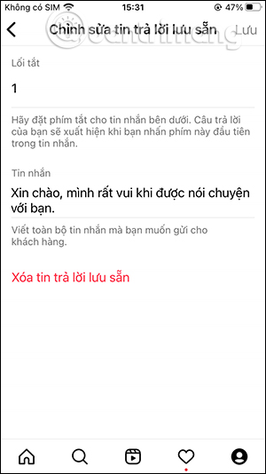 Tùy chỉnh tin nhắn trả lời nhanh Instagram