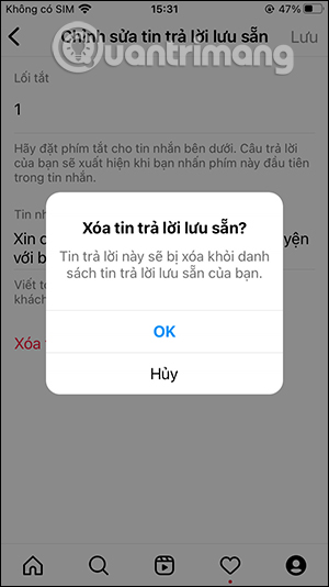 Xóa tin nhắn trả lời nhanh Instagram