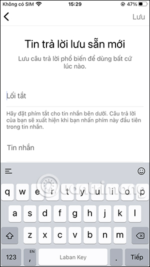 Nhập tin nhắn trả lời nhanh