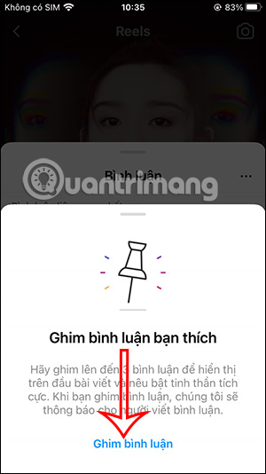 Chọn ghim bình luận trong video Reels
