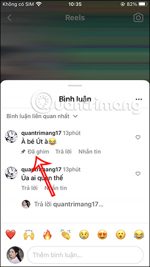 Bình luận ghim video Reels