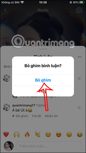 Bỏ ghim bình luận video Reels
