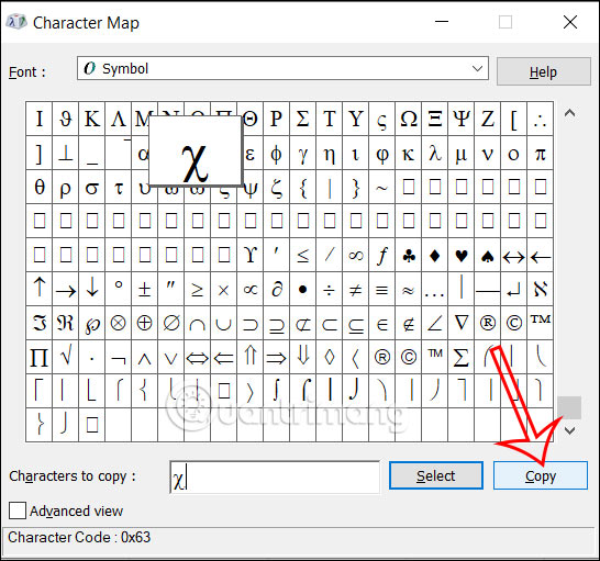 Chọn Copy biểu tượng trên Character Map