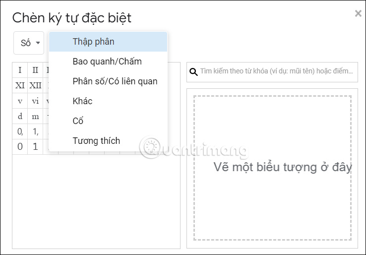 Chọn kiểu ký tự đặc biệt trong Docs