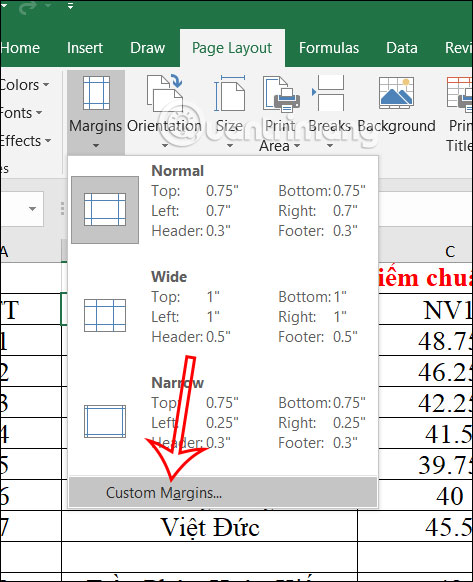 Căn chỉnh lề in Excel 