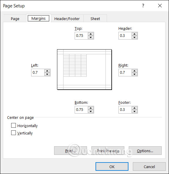 Nhập thông số căn lề in Excel 