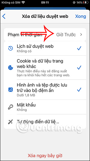 Chọn thời gian xóa cache