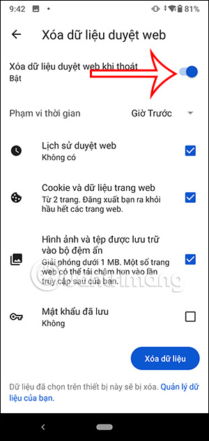 Bật xóa dữ liệu web Microsoft Edge Android tự động