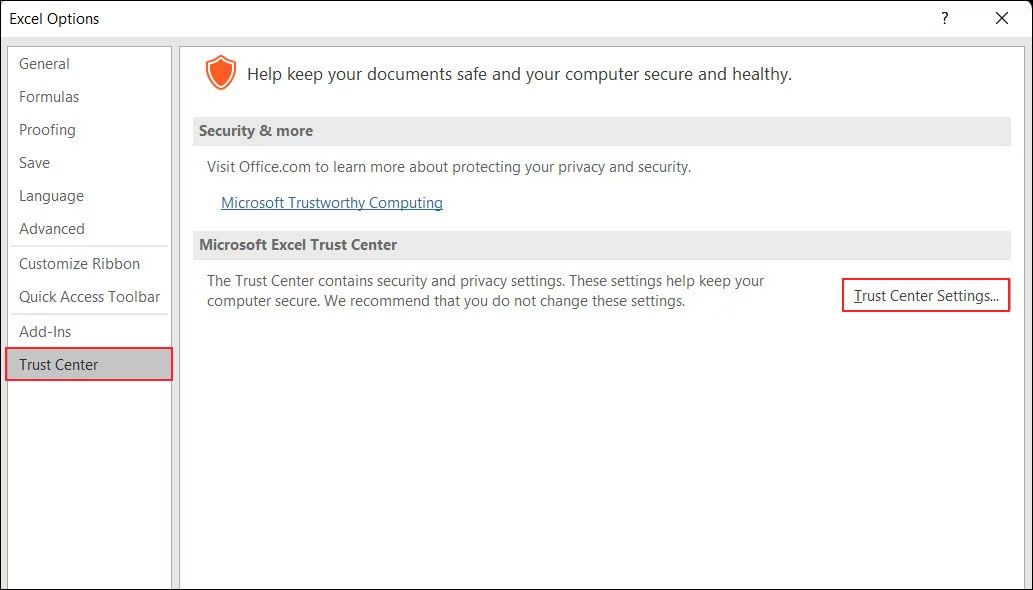 Nhấp vào nút Trust Center Settings trong Excel