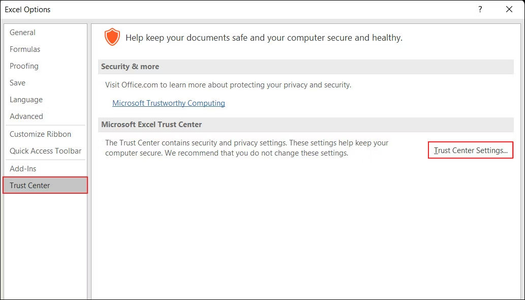 Click the Trust Center Settings button in Excel