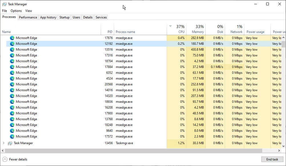 Windows Task Manager đang hiển thị các tiến trình Edge