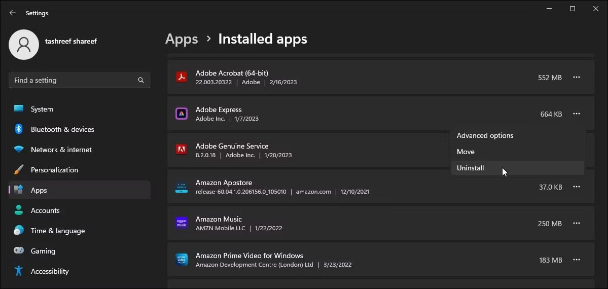 Gỡ ứng dụng Win 11