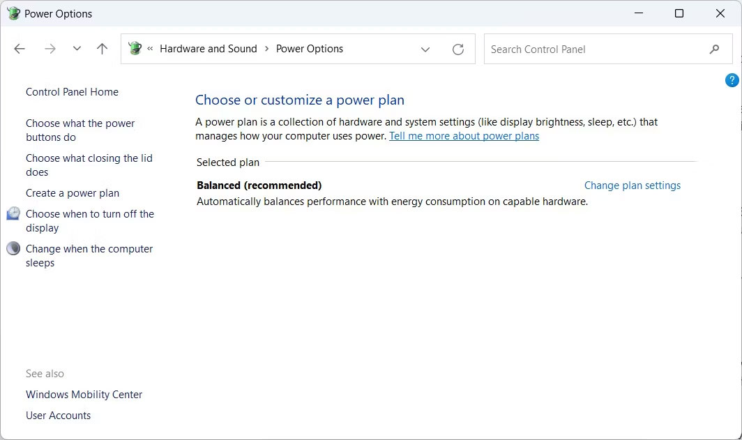 Màn hình Power Options trong Control Panel trên Windows