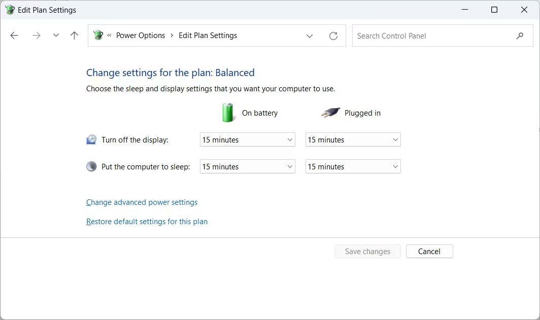 Màn hình Edit Power Plan Settings trong Control Panel trên Windows