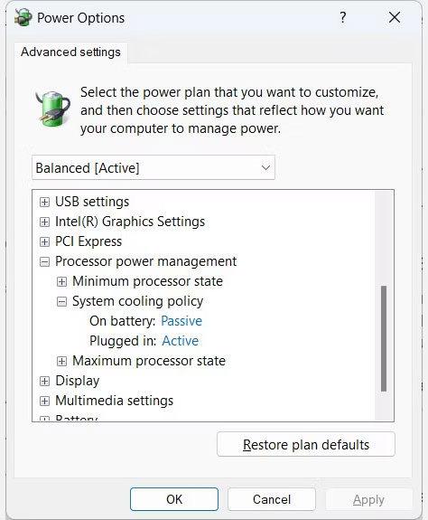 Menu Power Options trên Windows với System Cooling Policy được mở rộng