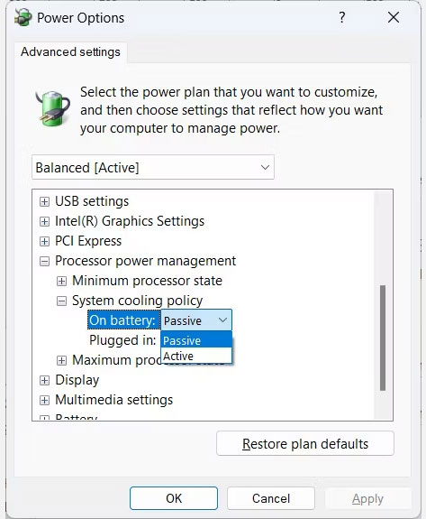 Lựa chọn System Cooling Policy trên Windows