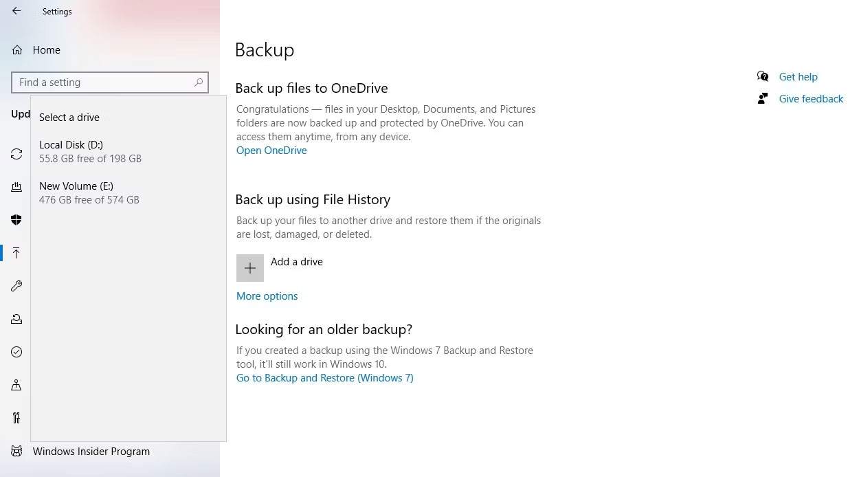 Chọn một ổ để tạo bản sao lưu bằng File History trong Windows Settings