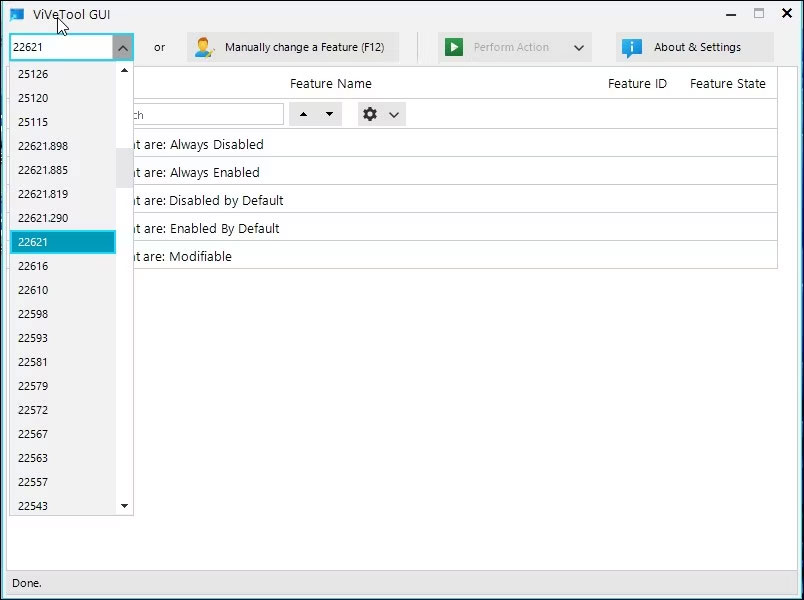ViVeTool GUI chọn bản build