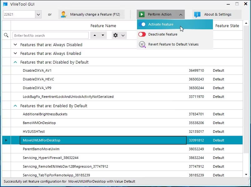 Kích hoạt tính năng ViVeTool GUI