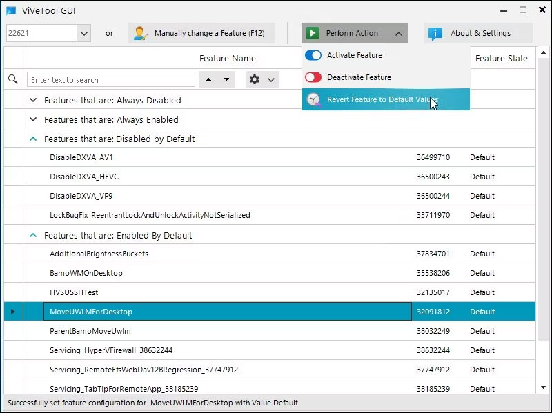 Hoàn nguyên về giá trị mặc định tính năng ViVeTool GUI