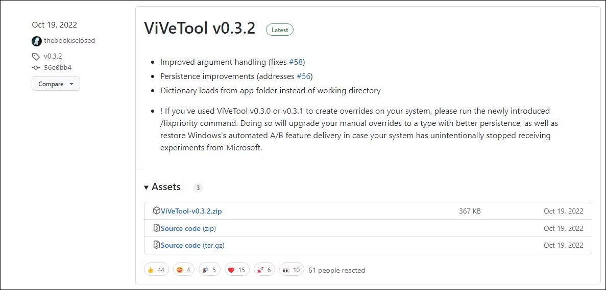 Tải xuống zip dòng lệnh ViveTool