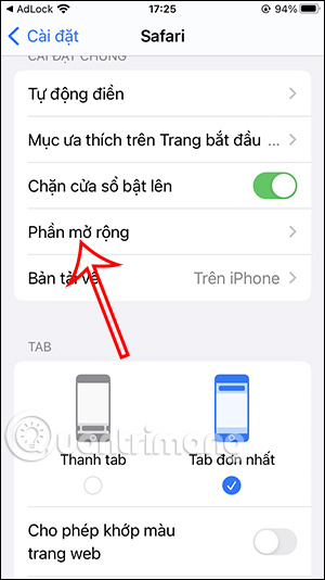 Phần mở rộng trên Safari