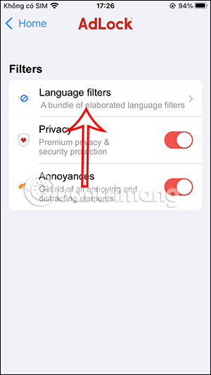 Bộ lọc ngôn ngữ trên AdLock