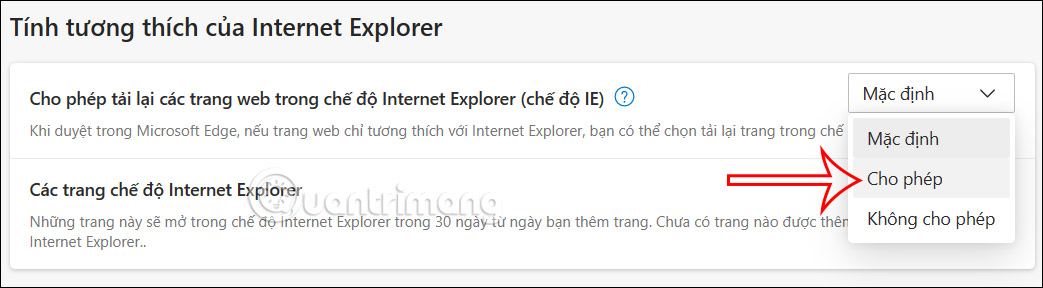 Bật Cho phép tải lại các trang web trong chế độ Internet Explorer (chế độ IE)